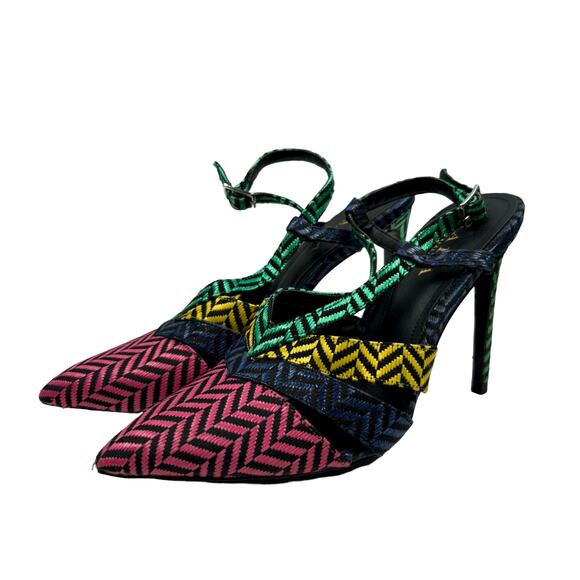 Zara Herringbone Multicolor Heels Pointed Toe Strappy Sz EU 41 NEW - Picture 1 of 12